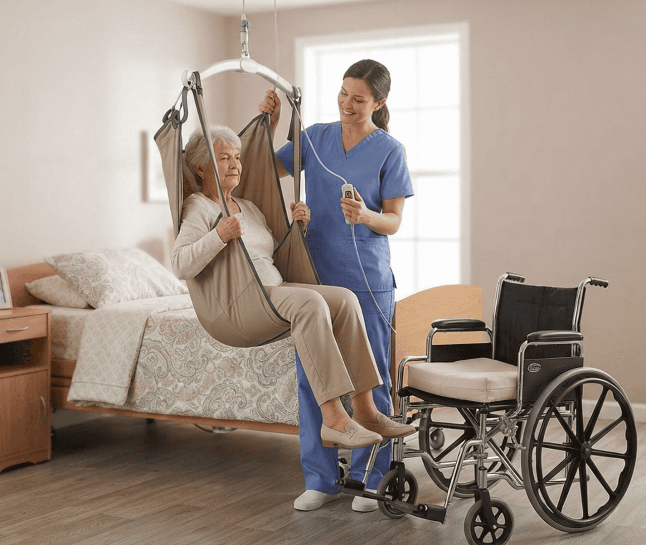 Elderly woman using a ceiling lift with caregiver assistance in a home setting.
